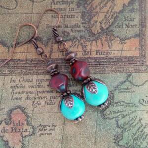 Earrings, Bohemian Drop Earrings with Czech Red and Gray Corner Drilled Beads, Turquoise and Burnt Copper Bohemian Components