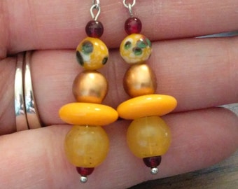 Earrings, Yellow Glass Bead Earrings with Ruby Red Glass Beads, Glass Gold Nugget and Sterling Silver Ear Hooks.