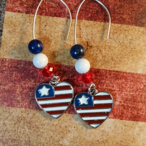 Earrings, Red White and Blue Half Hoop Earrings with Stars and Stripes Heart Charms, Red Czech Crystal, Blue Lapis, White Glass Beads