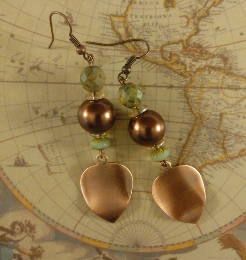 Earrings, Copper Pearl Earrings, Copper Pearls and Green Czech Faceted