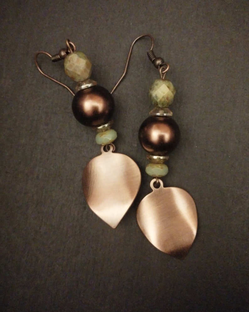 Earrings, Copper Pearl Earrings, Copper Pearls and Green Czech Faceted