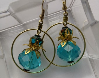 Earrings, Gold Tone Hoop Earrings with Teal Blue Faceted Glass Beads and Gold Tone Components and Ear Hooks, Approx 2 1/4" Long