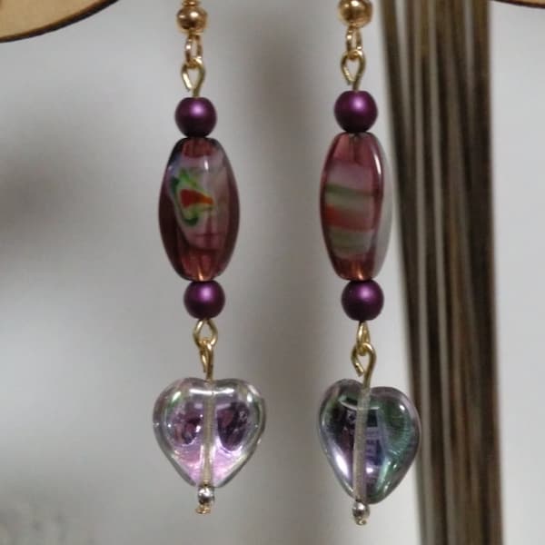 Earrings, Twisted Marbled Glass Bead Earrings with Czech Crystal Hearts, Small Purple Glass Beads and Rose Gold Ear Hooks