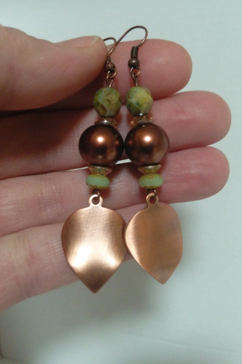 Earrings, Copper Pearl Earrings, Copper Pearls and Green Czech Faceted