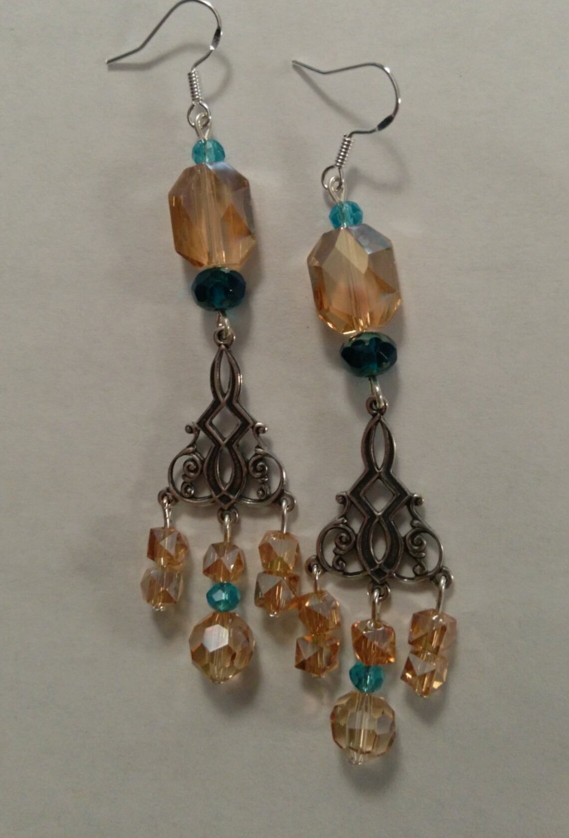 Earrings, Amber Crystal Chandelier Earrings With Turquoise Stones and