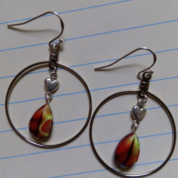 Hoop Earrings with Beautiful Faceted Red and Yellow Teardrop, Tiny Heart Charm all in an Antique Silver Hoop with Sterling Silver Ear Hooks