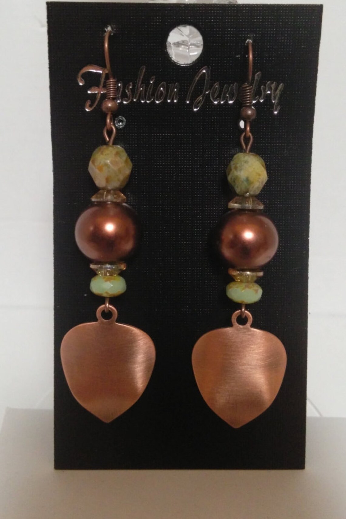 Earrings, Copper Pearl Earrings, Copper Pearls and Green Czech Faceted