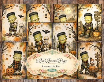 5 Frankenstein and Friends Junk Journal Pages Digital Download
