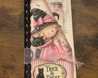 Whimsical Halloween Pink Witches Junk Journal Folio