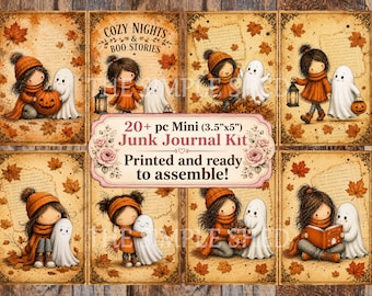 Mini Printed Fall Halloween Girl and Ghost Junk Journal Kit