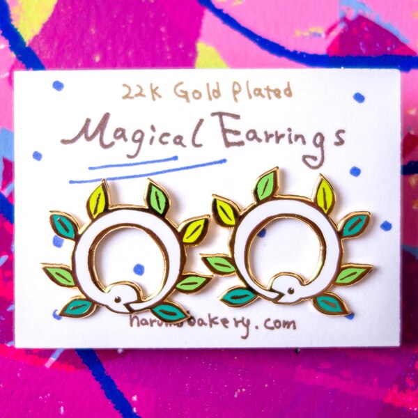 22K Gold Plated Magical Earrings | Cute Ouroboros Earrings | Cloisonne Earring | Harumo Sato |