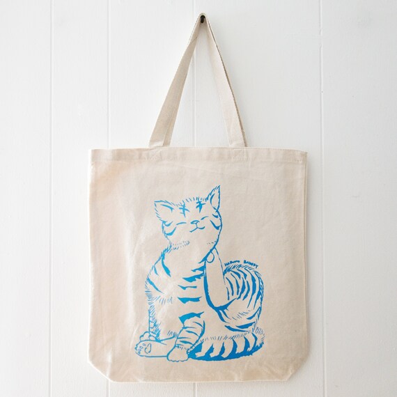 Scratchy Kitty Cat Canvas Tote Bag, Hand screen-printed Tote Bag