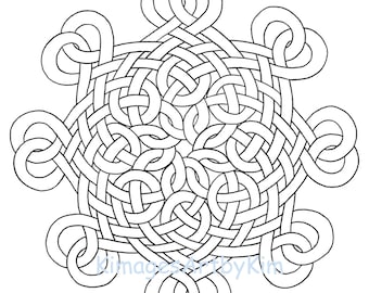 May include: A black and white intricate Celtic knot design with a six-pointed star shape. The design is made up of many overlapping loops and curves.