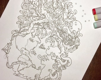 May include: A black and white line drawing of an octopus with its tentacles intertwined with a tree. The octopus has a large head and the tree has many branches and leaves. The drawing is on a white background.
