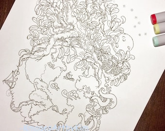Una visión del mundo: Atención plena, calma relajante Terapia de arte sin estrés Adulto Zen Doodle Zentangle Página para colorear Imprimible Descarga instantánea