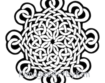 May include: Black and white intricate Celtic knot design with a six-pointed star shape.