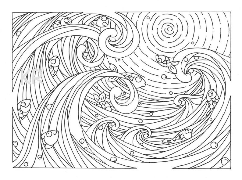 Printable Waves and Fish Coloring Page Ocean Fun Fish Play | Etsy