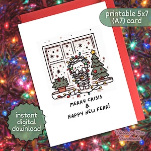 Cartão engraçado de Natal e Ano Novo com Feliz Crise e Feliz Medo Novo [download instantâneo digital, cartão com trocadilho, presente de saúde mental, ansiedade de Natal]