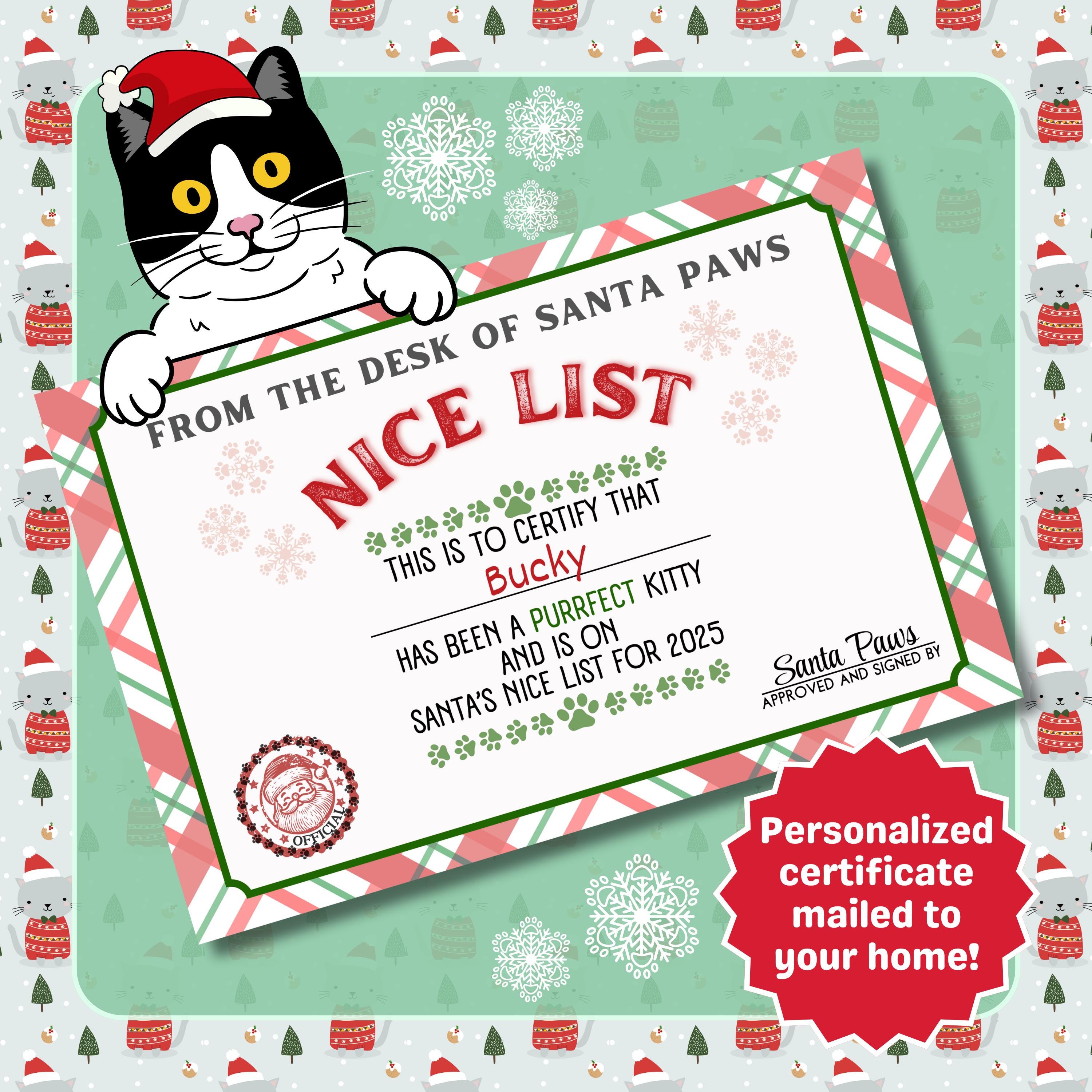 Personalized Nice List Certificate for Cat Santa Paws Letter