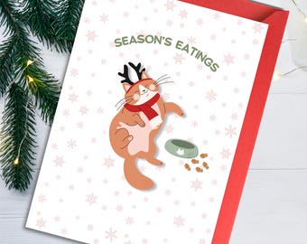 Funny Cat Christmas Card | Season's Eatings | Christmas food pun | Gift for pet parent, vet, petsitter, cat lover | Card from cat