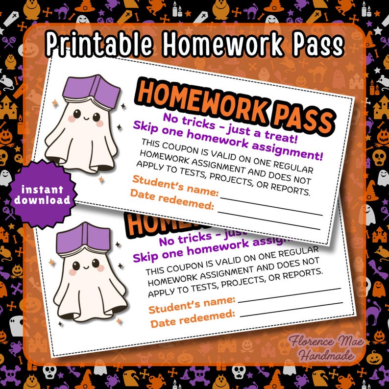 Halloween Classroom Printable - Homework Pass - Instant Digital ...