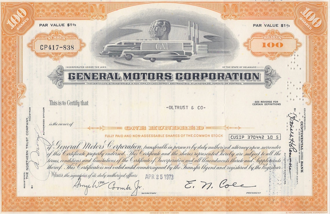 General Motors (GM) Stock Certificate 1970 #39 s Etsy