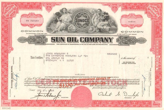 stock certificate 1940's Sunray Oil Corp 