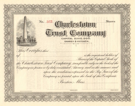 Charlestown Trust Company Stock Certificate Circa 1911 Boston Etsy