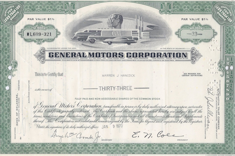 General Motors (GM) Stock Certificate 1970 #39 s Etsy
