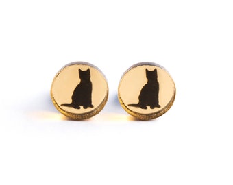 Mirror Cat studs in gold or silver. Cat lovers, cat earrings, cat jewellery, cat lady, acrylic jewellery, acrylic earrings, gold mirror