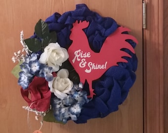 Blue Burlap Red Rooster Wreath