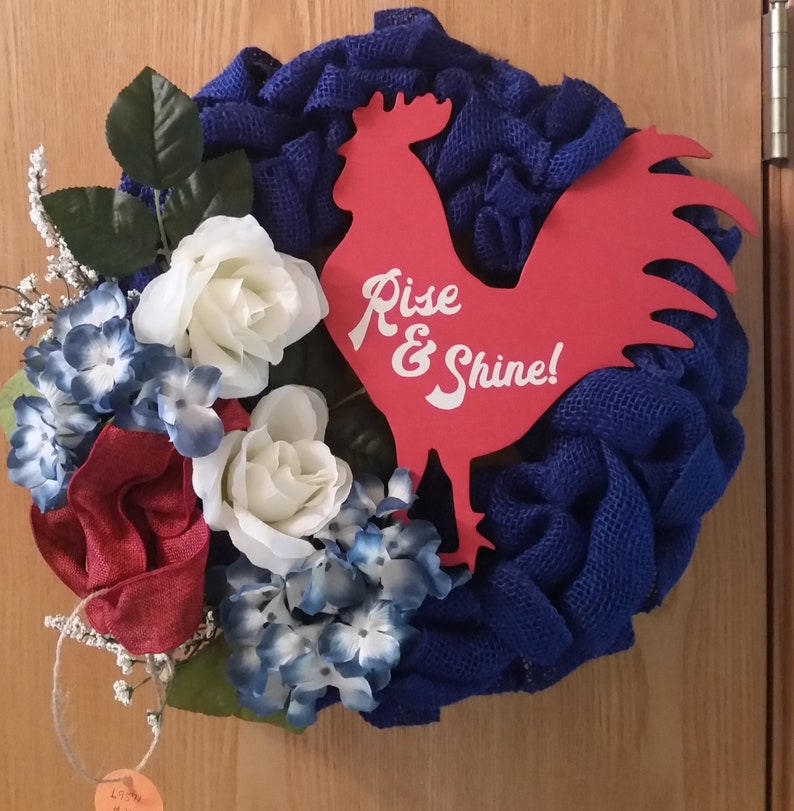 Couronne de coq rouge en toile de jute bleue image 2