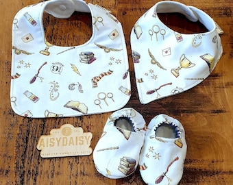 Boy Wizard / Owl Baby bibs & dribble bibs, optional matching shoes, 0-3m up to 12-18m