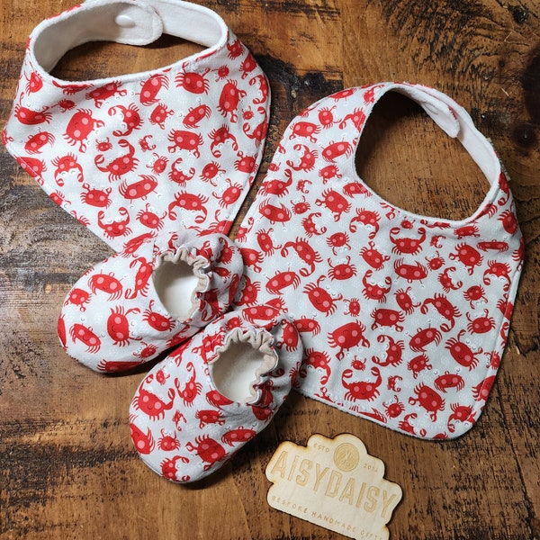 Crab baby bib or dribble bib with optional matching shoes, sizes 0-3m up to 12-18m