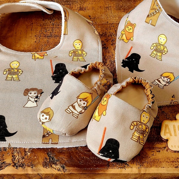 Star wars inspired Baby bibs and dribble bibs with optional matching shoes In sizes 0-3m up to 12-18m