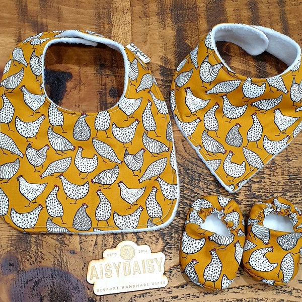 Baby Bib or Dribble bib in cute mustard Chicken/ Hen/ Farmyard fabric. Matching shoes also available, Unique baby gift