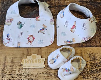 Peter Rabbit Baby Bib and Shoes Set, Soft Fleece Lined, Handmade in Scotland