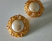Signed Monet Faux Button Pearl and Matte Gold-tone Metal Clip-on Earrings