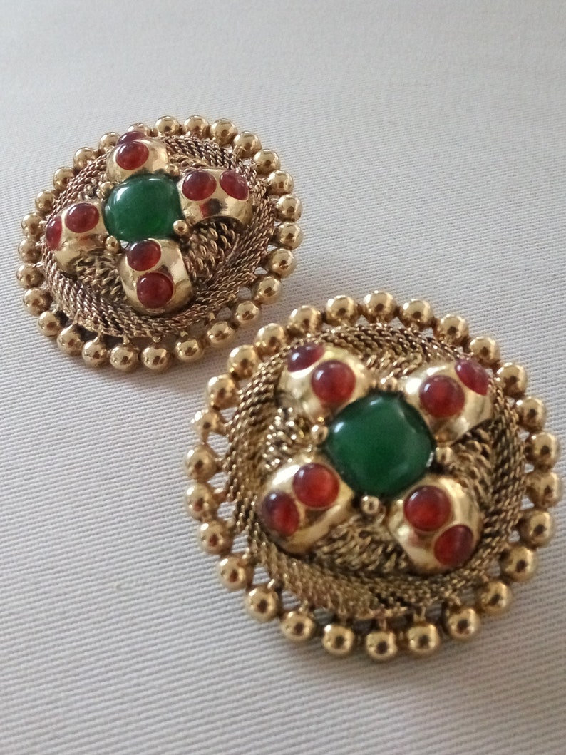 Vintage Signed CRAFT Clip on Earrings Large Etruscan Style Statement Piece Gem-Craft
