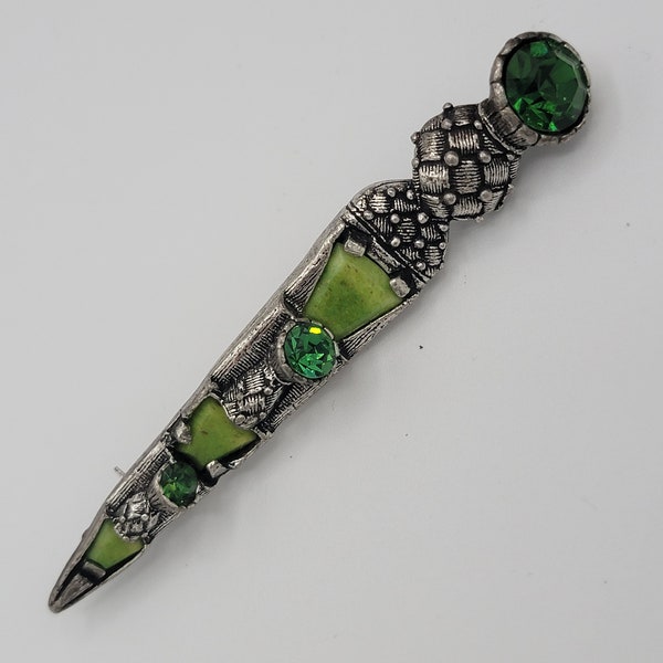Scottish Signed Miracle Emerald Green Rhinestone Faux Stone Brooch Kilt Pin