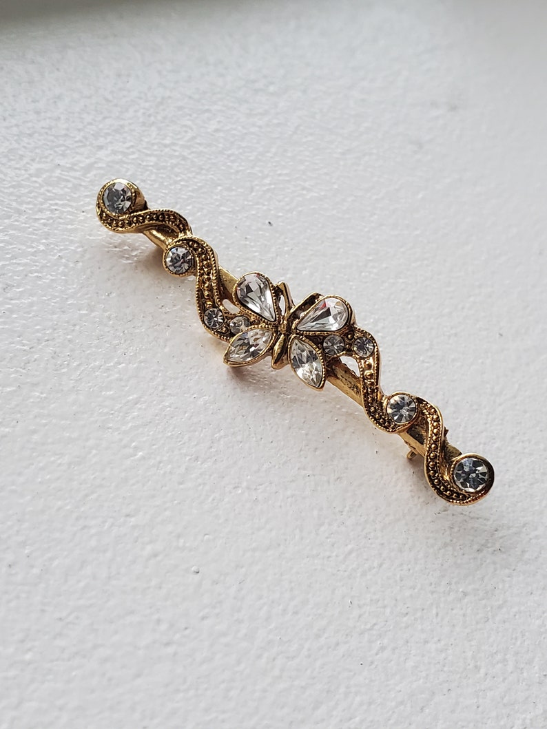 Signed 1928 Goldtone Rhinestone Butterfly Bar Brooch Pin