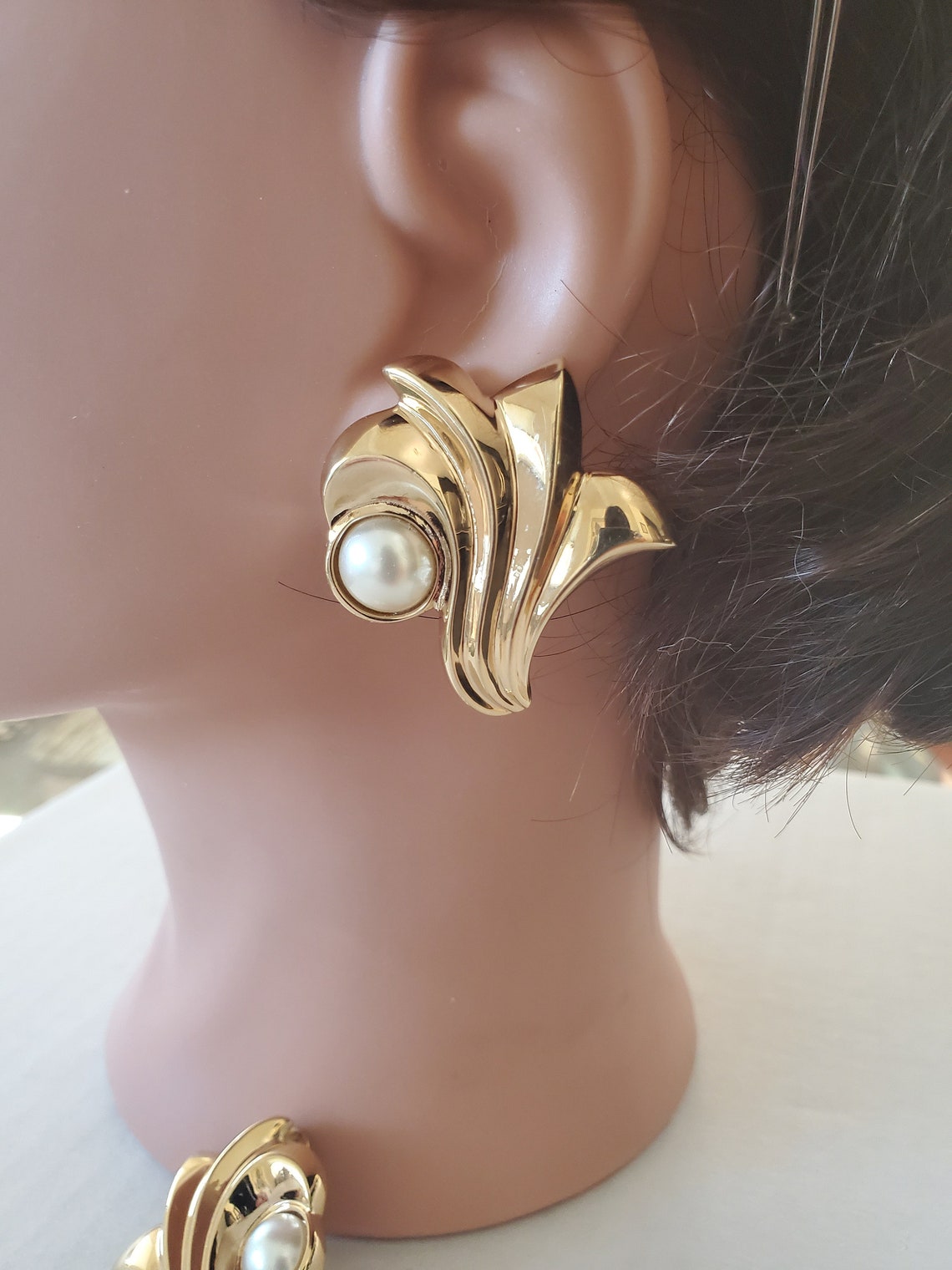 Large Goldtone Faux Pearl Flare Petal Clip on Earrings Etsy UK