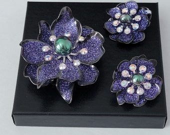 Stunning Purple Joan Rivers Floral Statement Brooch Pin and Earring Set