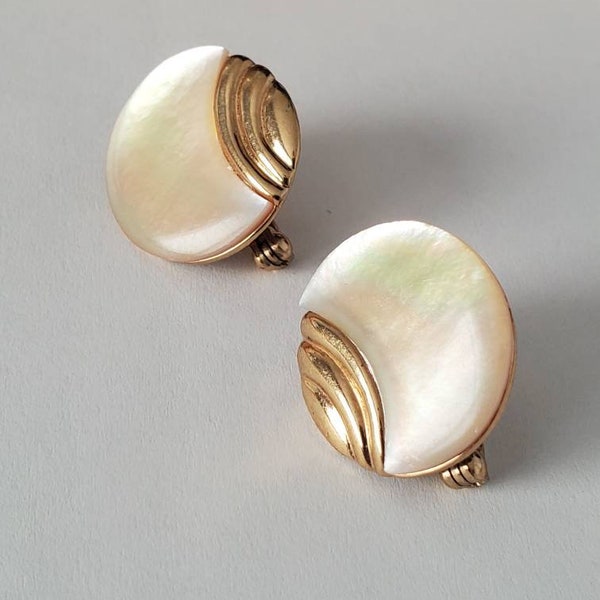 Vintage Signed Butler FAC Art Deco Abalone Shell Clip on Earrings