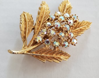 Vintage Gold Enamel Aurora Borealis Rhinestone Flower Brooch Pin