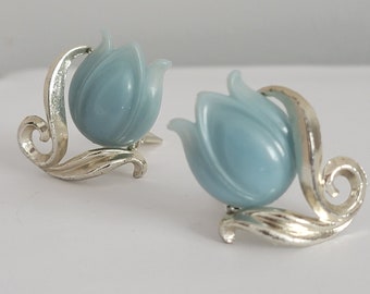 Vintage Blue Thermoset Tulip and Silvertone Enamel Clip-on Earrings