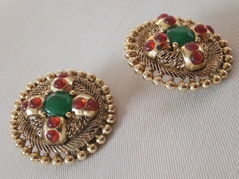 Vintage Signed CRAFT Clip on Earrings Large Etruscan Style Statement Piece Gem-Craft