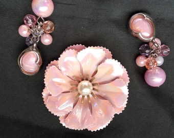 Vintage Pretty in Pink Faux Pearl and Crystal Brooch Pin and Earring Set