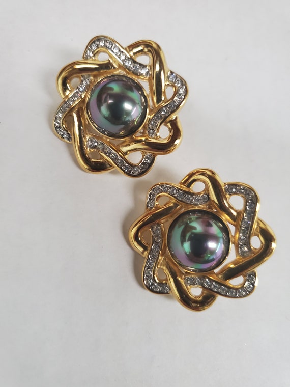 Stunning Iridescent Faux Tahitian Pearl and Rhines