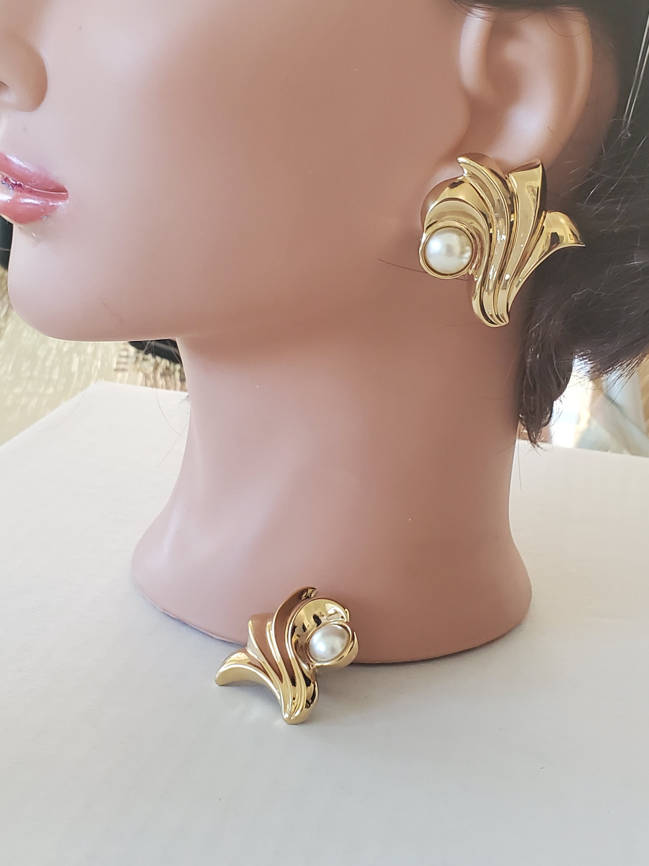 Large Goldtone Faux Pearl Flare Petal Clip on Earrings Etsy UK